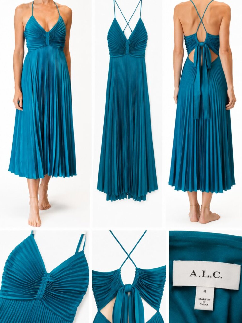 A.L.C. Aries Dress Riviera Teal Pleated Open Back Midi Dress Size 4